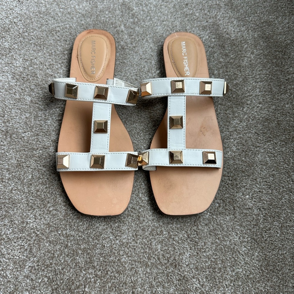 Marc Fisher Gold and White Sandals with Studded Straps